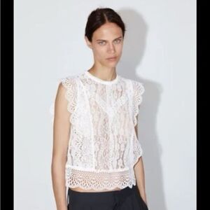 White Floral Lace Sleeveless Mock Neck Top - Boho Romantic Shell - Size S